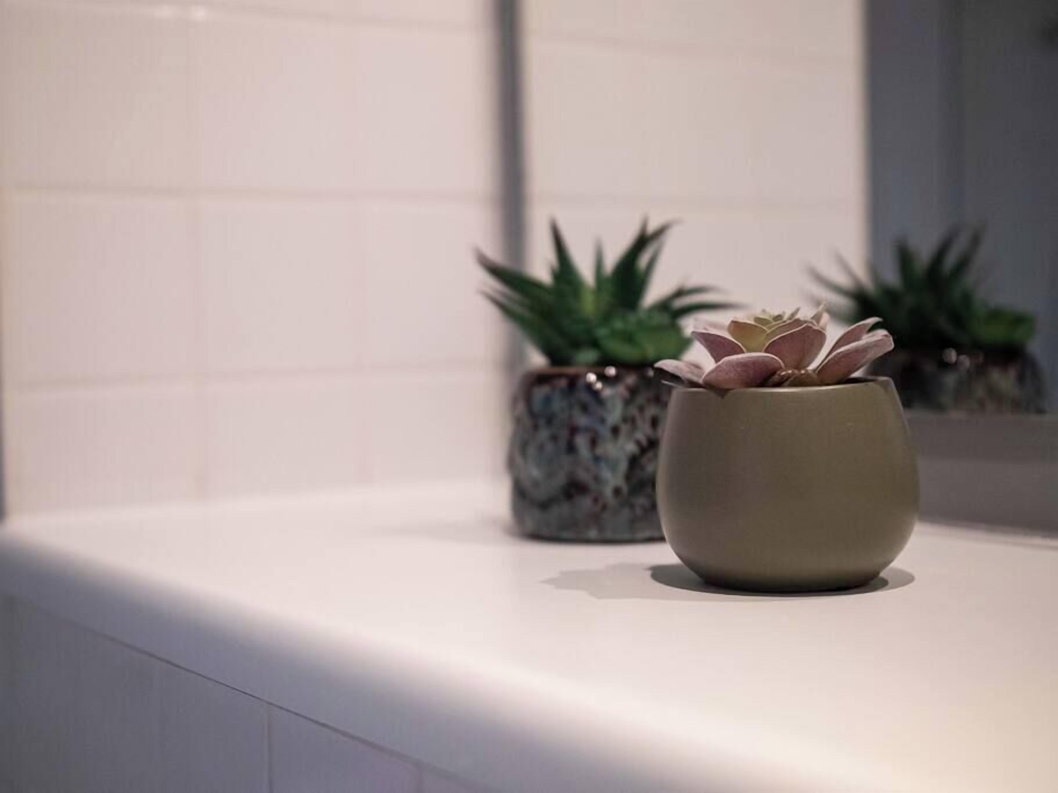 Een badkamer met witte tegels, een aanrecht en twee potplanten.