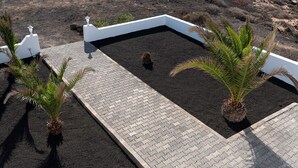 Un jardín en la azotea con un sendero pavimentado, palmeras y una barandilla blanca.