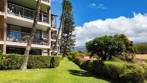 A multi-story hotel with balconies, a well-maintained lawn, and a variety of trees and shrubs.