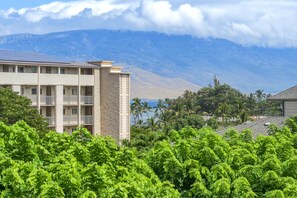 A multi-story hotel with balconies, a view of a mountain range, and lush greenery in the foreground.