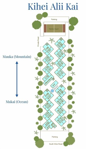 A hotel layout with rooms labeled C108 to C107, A108 to A107, and B108 to B107, arranged vertically with a private road and tennis court.