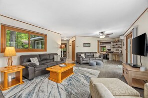 Smart TV, fireplace, DVD player, video library