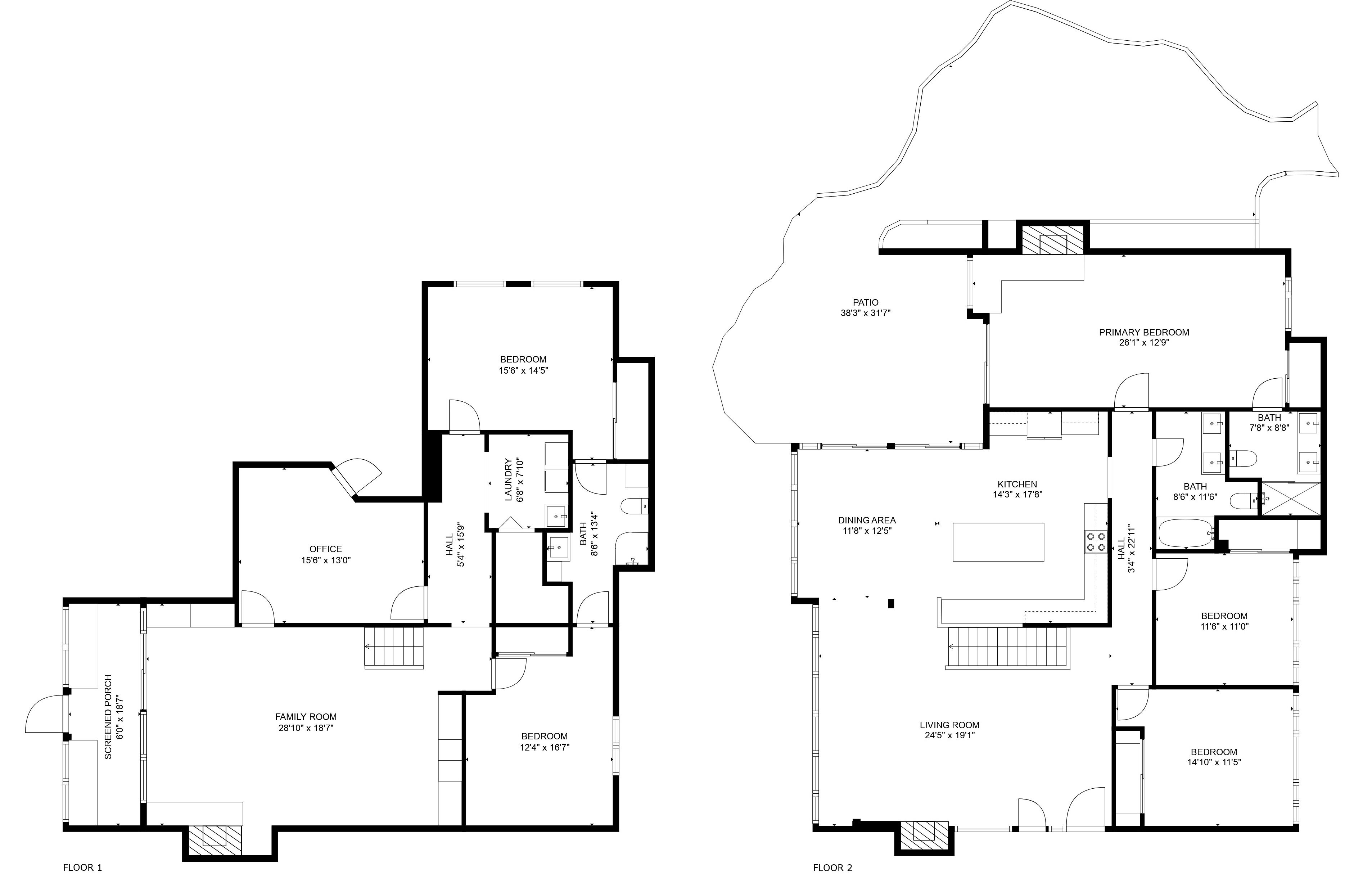 A floor plan of a two-story house with a family room, office, bedrooms, living room, dining area, kitchen, and a patio.