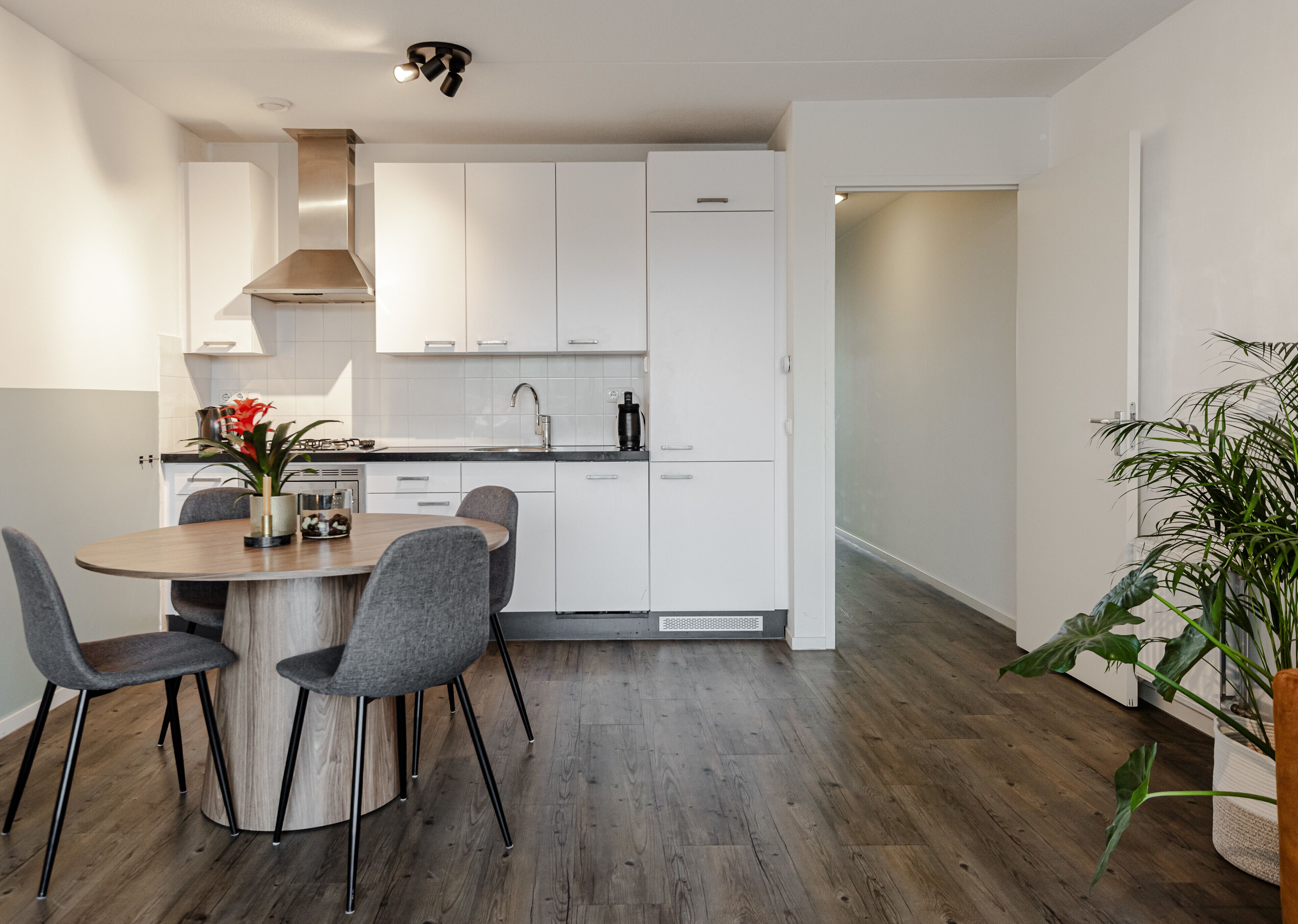 Een koelkast, een magnetron, een kookplaat, een vaatwasser