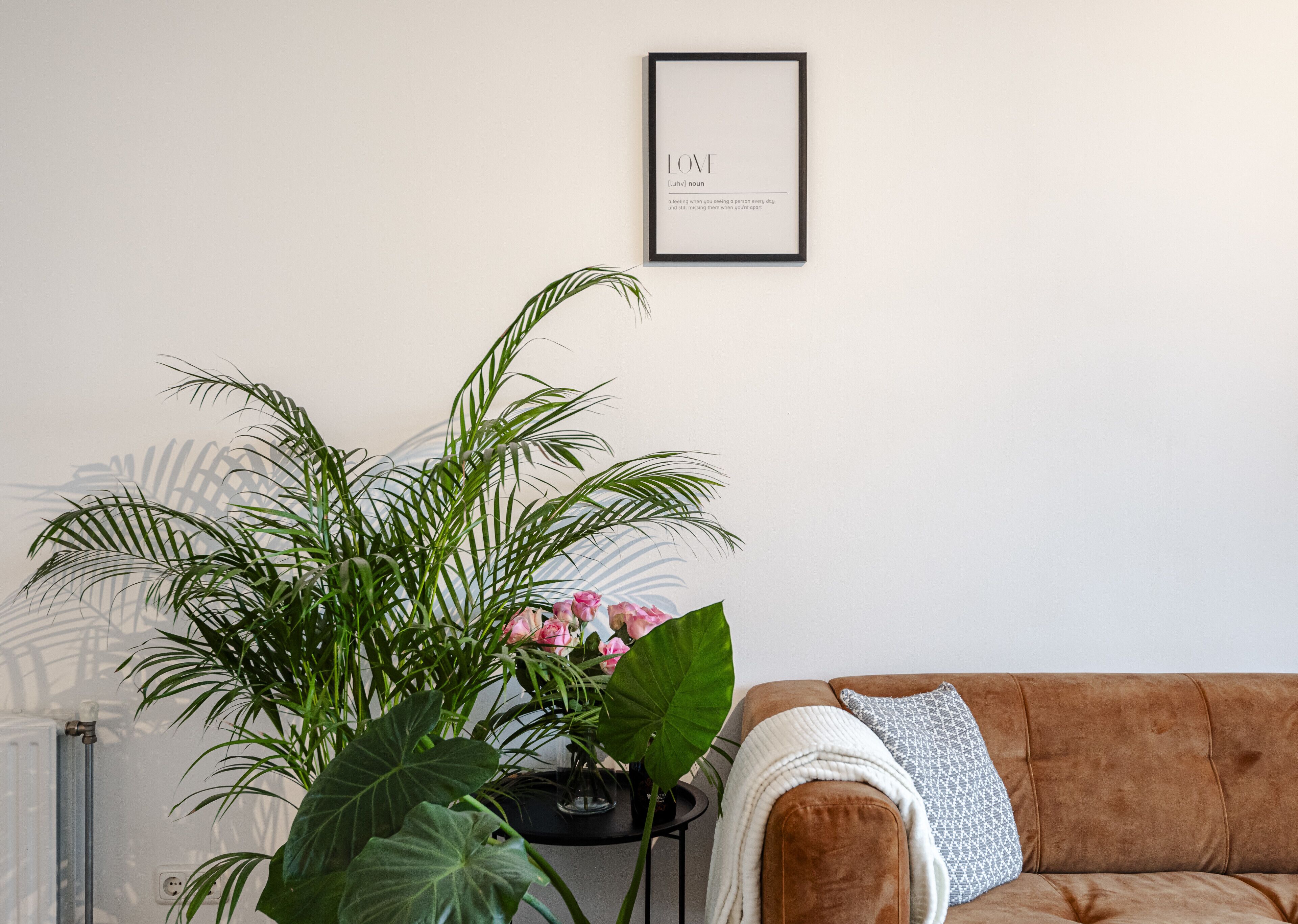 Un salon avec un canapé marron, un tableau encadré au mur et une grande plante verte aux fleurs roses.
