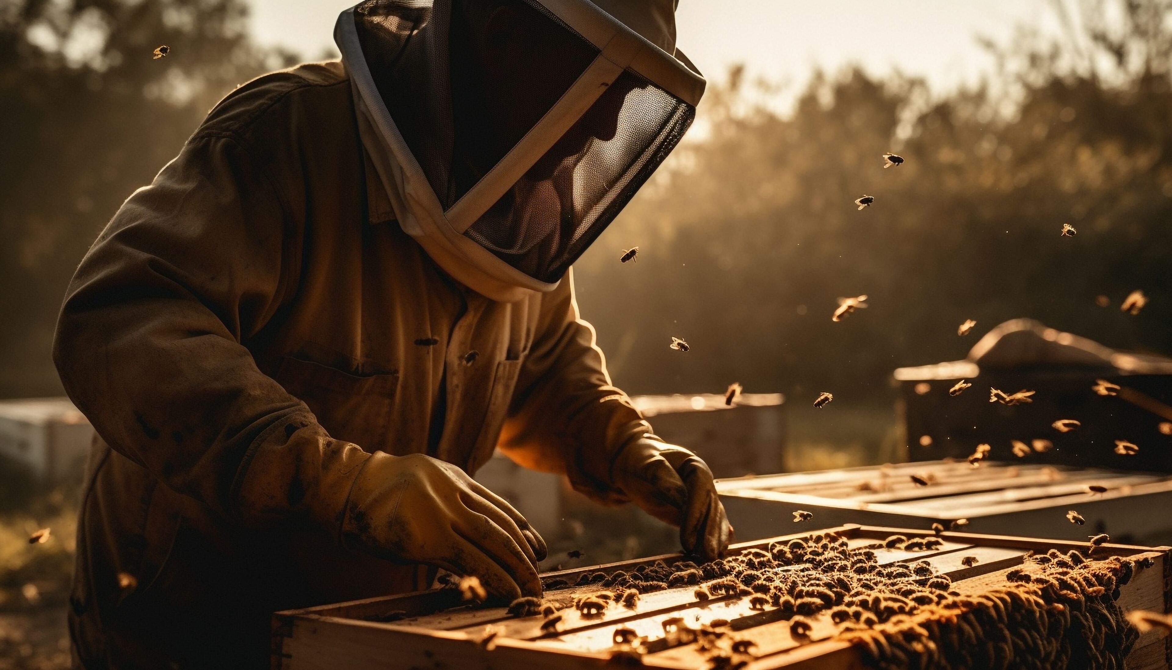 Una persona con equipo de protección trabajando con abejas, rodeada de utensilios para apicultura.