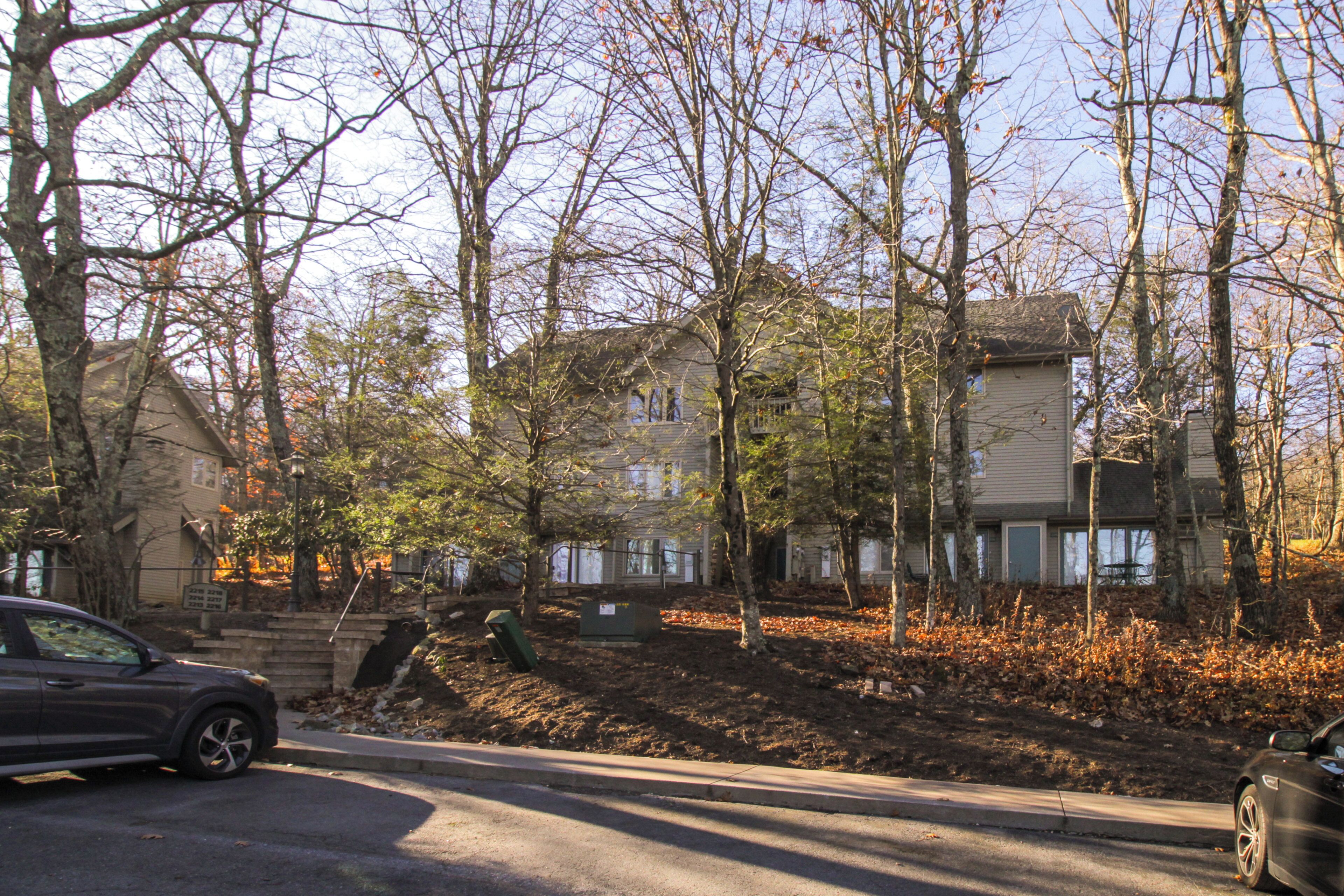 A residential area with houses surrounded by trees and a road.