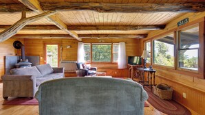 A cozy cabin interior with a wooden ceiling, a sofa, a chair, a television, and a fireplace. - Remote Escape: Vermont Cabin w/ Mountaintop Views! (Sharon)