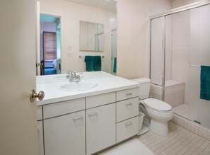 Shower, jetted tub, hair dryer, towels