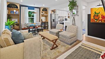TV, fireplace, books