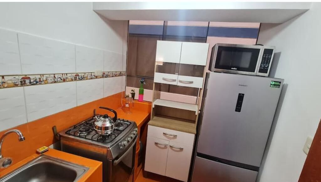 Une cuisine compacte équipée d’une cuisinière à gaz, d’un four à micro-ondes et d’un réfrigérateur.
