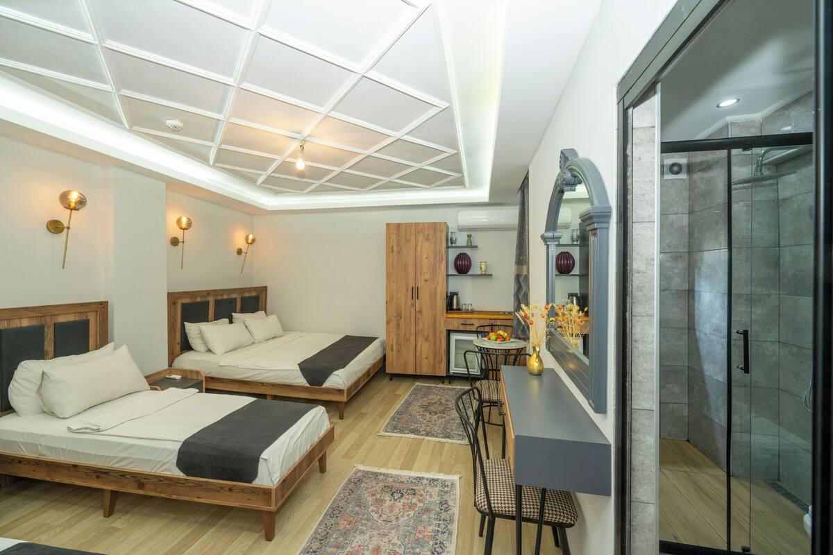 A modern hotel room with two beds, a kitchenette, a shower, and a skylight.