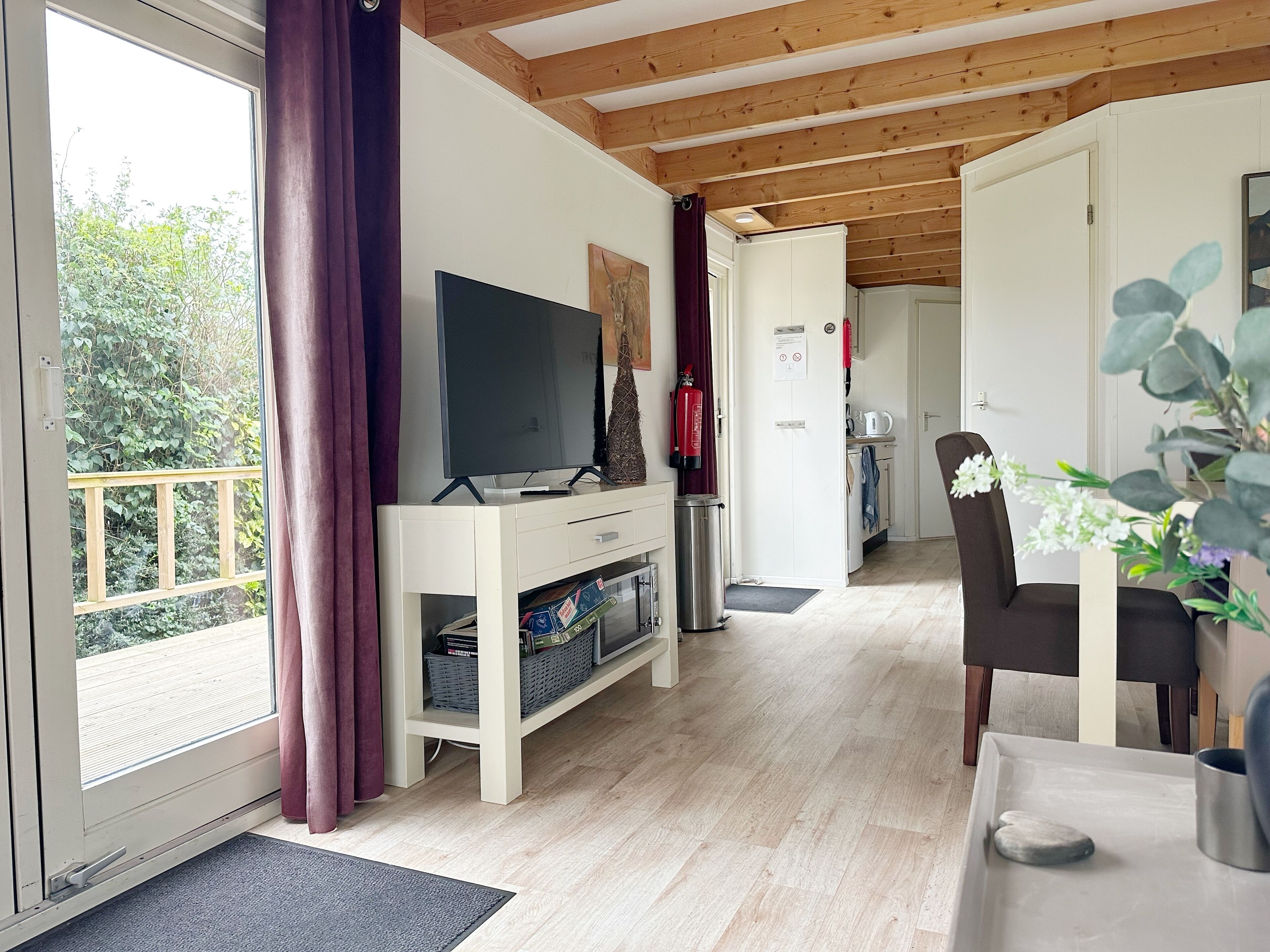 A modern living room with a TV, wooden ceiling, and a view of greenery outside.