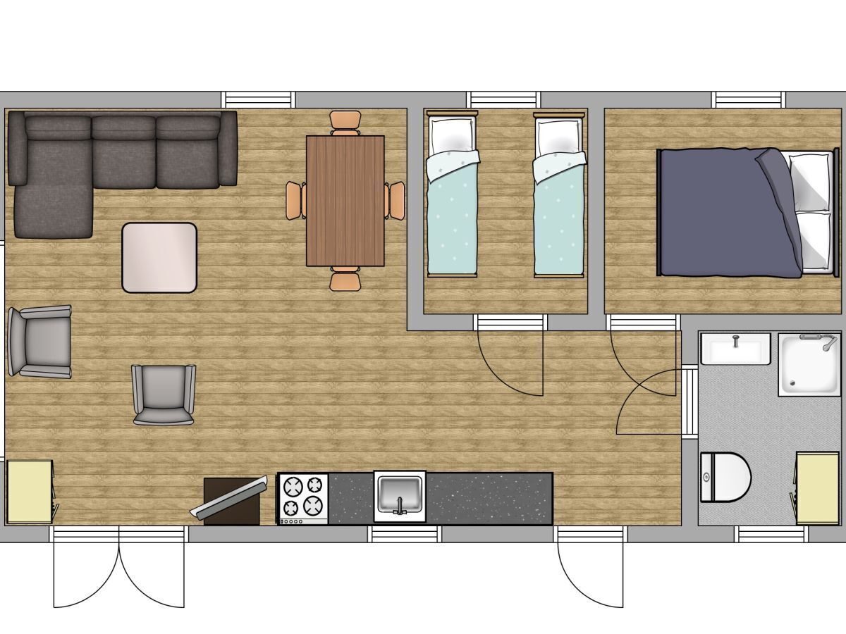 A hotel room layout with a sofa, two single beds, a dining table, a kitchen area, and a bathroom.