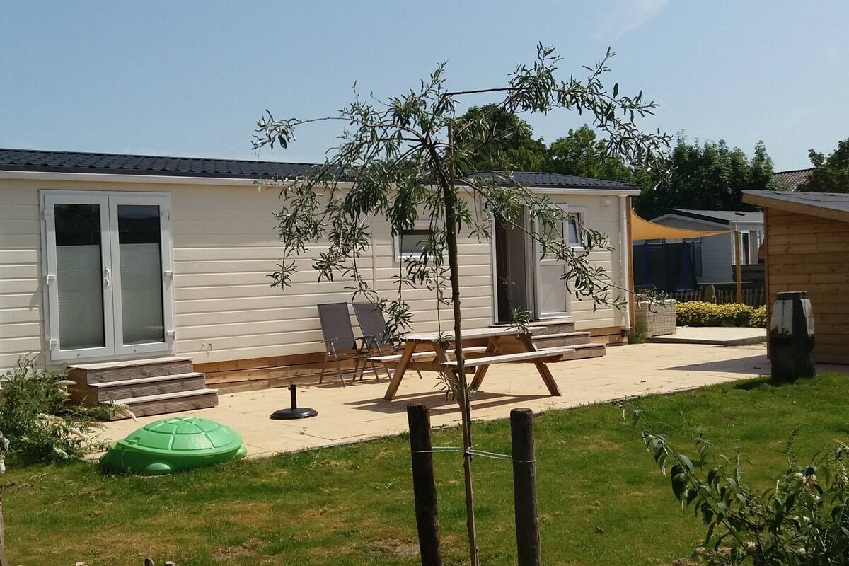 A single-story mobile home with a patio area, a green circular object, and a small garden.