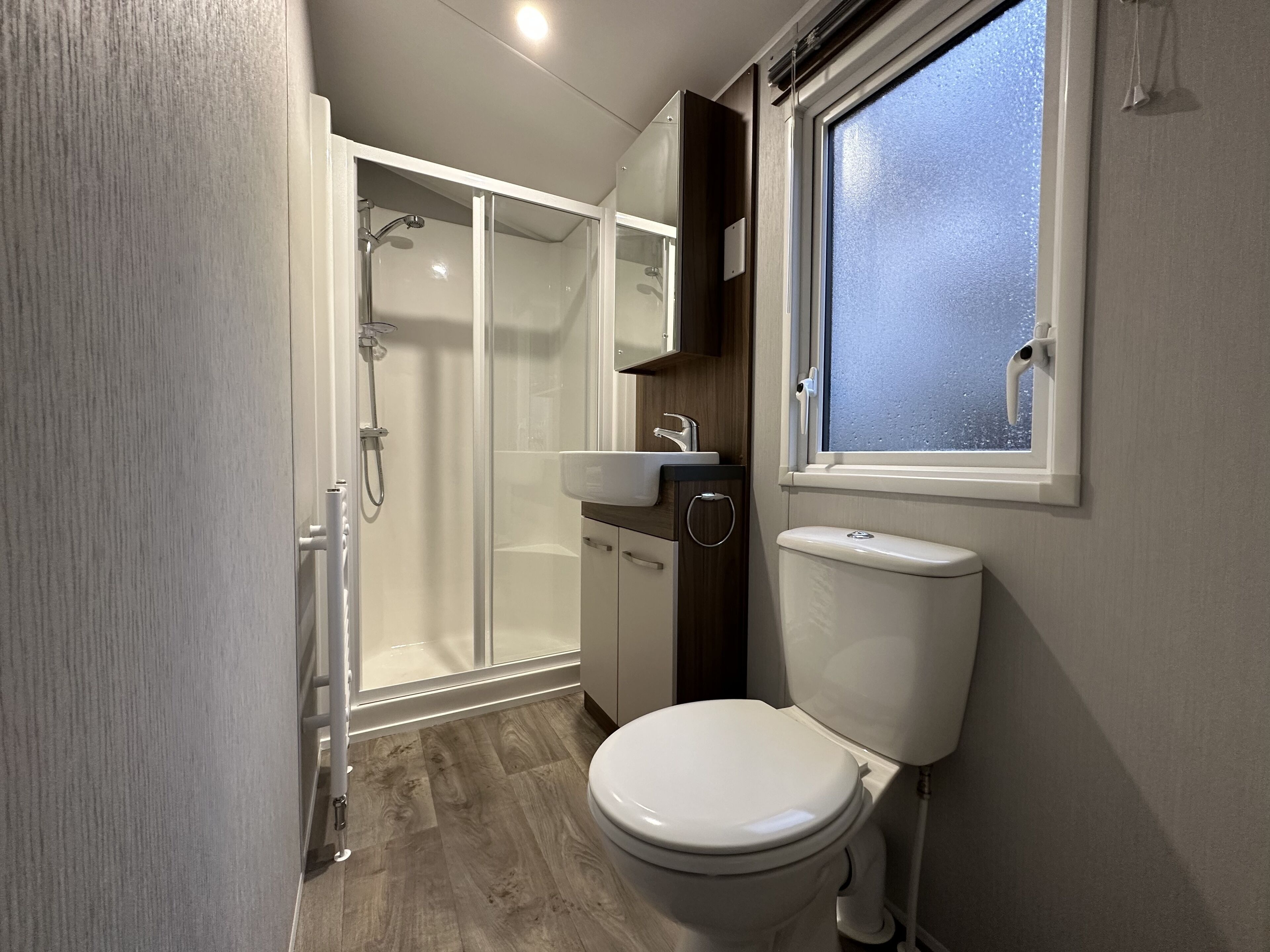 A modern bathroom with a glass shower enclosure, a toilet, and a sink.