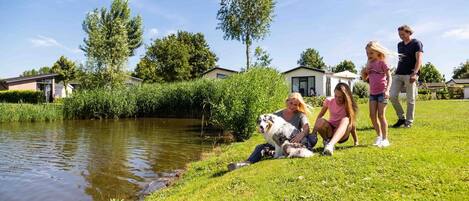 Zona verde al lado de un cuerpo de agua, con casas al fondo.