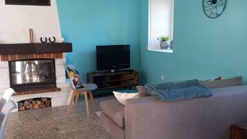 Televisie, een open haard, een dvd-speler en een tafeltennistafel