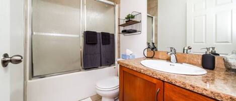 A bathroom with a shower, toilet, and vanity with a sink and mirror.