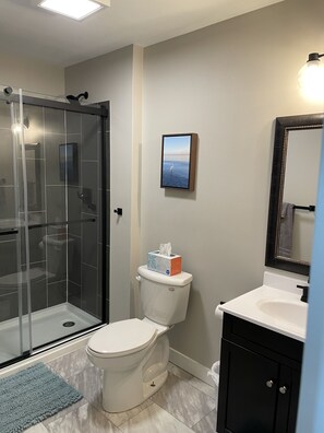 Shower, hair dryer, towels, soap