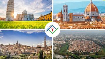 Neljän kuuluisan italialaisen maamerkin kollaasi: Pisan kalteva torni, Firenzen tuomiokirkko, Palazzo Vecchio ja Sienan kaupunki.