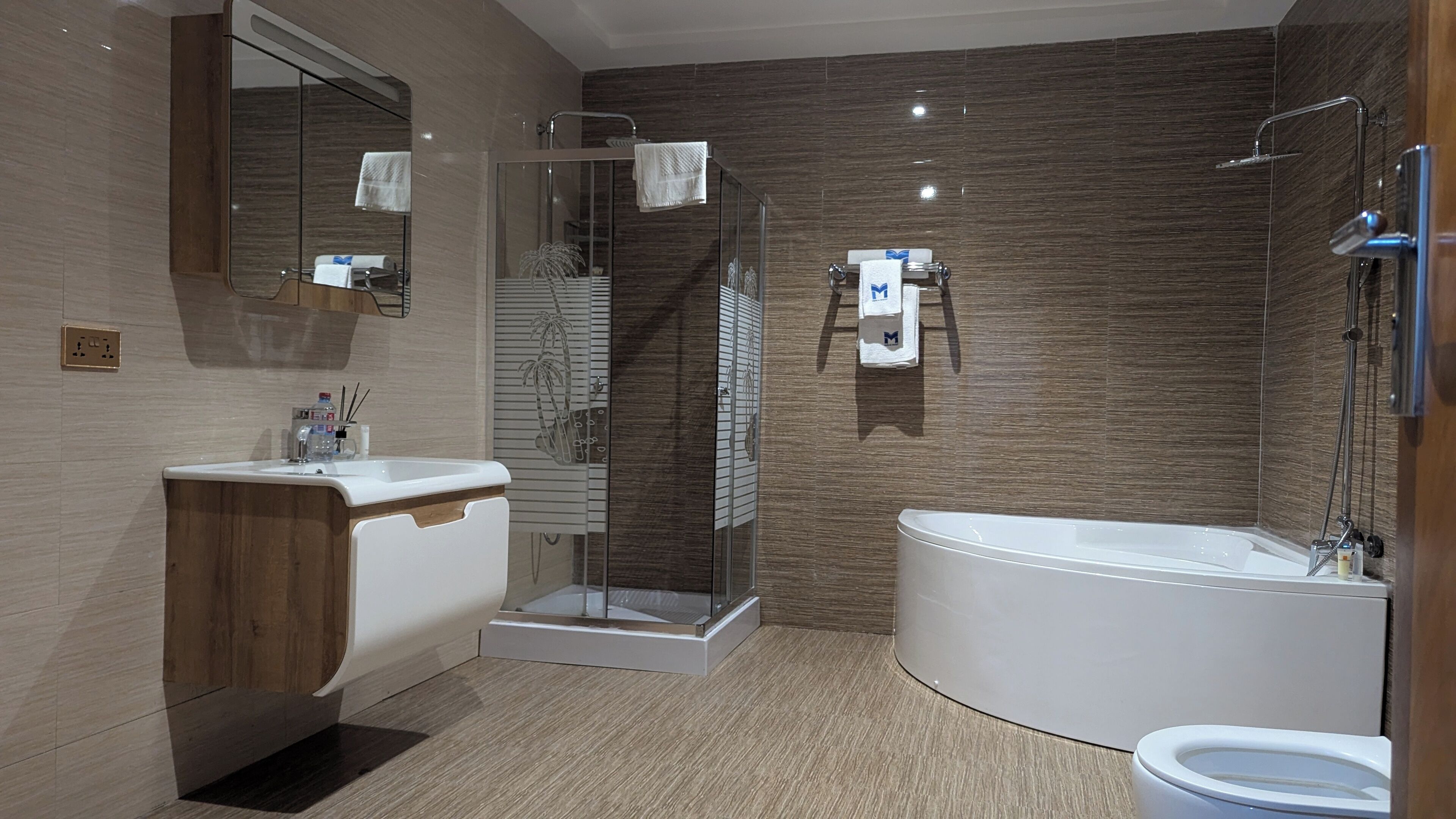 A modern bathroom with a shower, toilet, and sink.