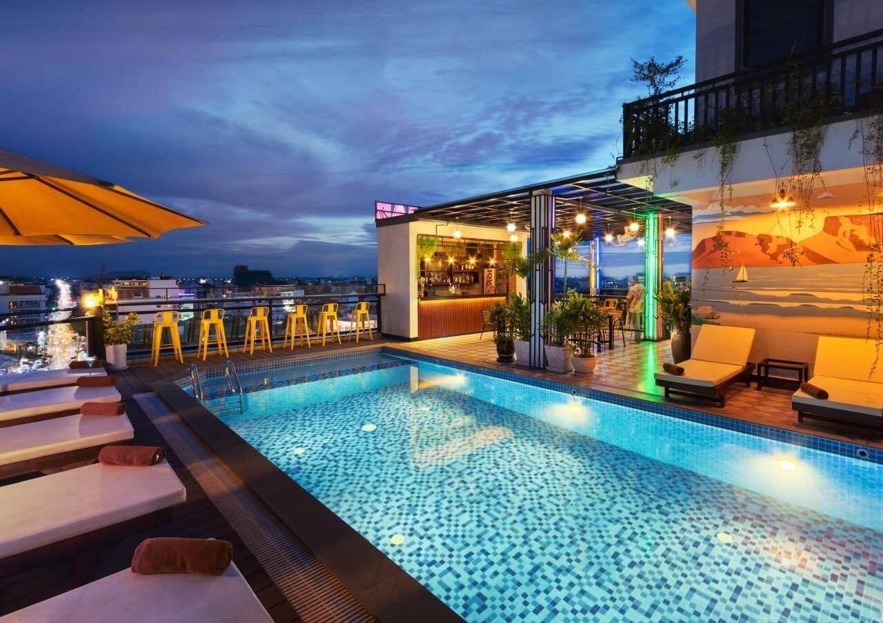 Outdoor pool, pool umbrellas, pool loungers
