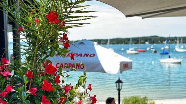 Un restaurant situé sur la côte, avec une terrasse, une vue sur le port de plaisance et un grand parasol portant l’inscription « CARPANO ».
