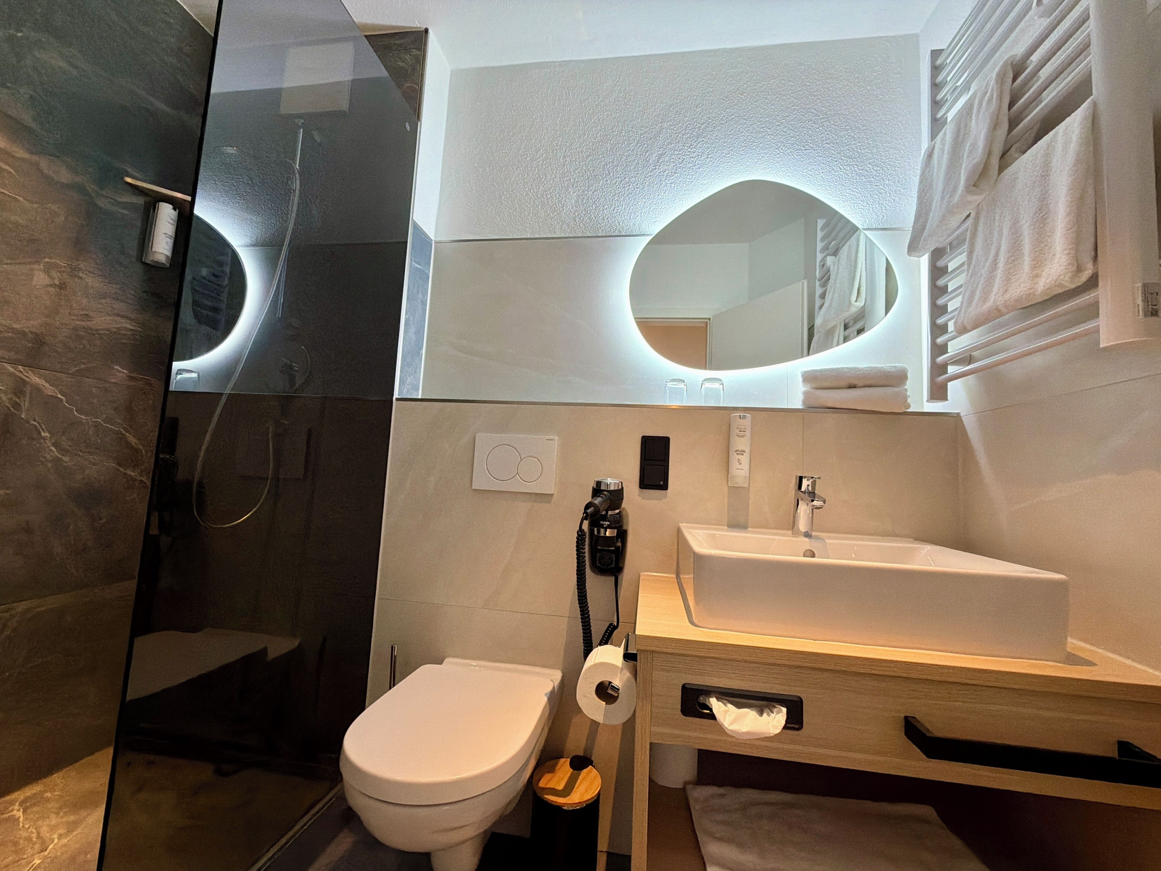 A modern bathroom with a glass shower enclosure, a white toilet, a sink with a mirror, and a towel rack.