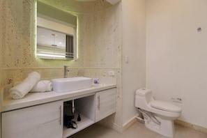 Hair dryer, towels, soap, toilet paper