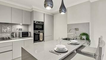 Basic Apartment, 1 Queen Bed | Private kitchen | Fridge, microwave, oven, stovetop