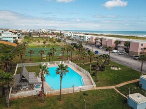 A residential area with a swimming pool, palm trees, and a view of the ocean.