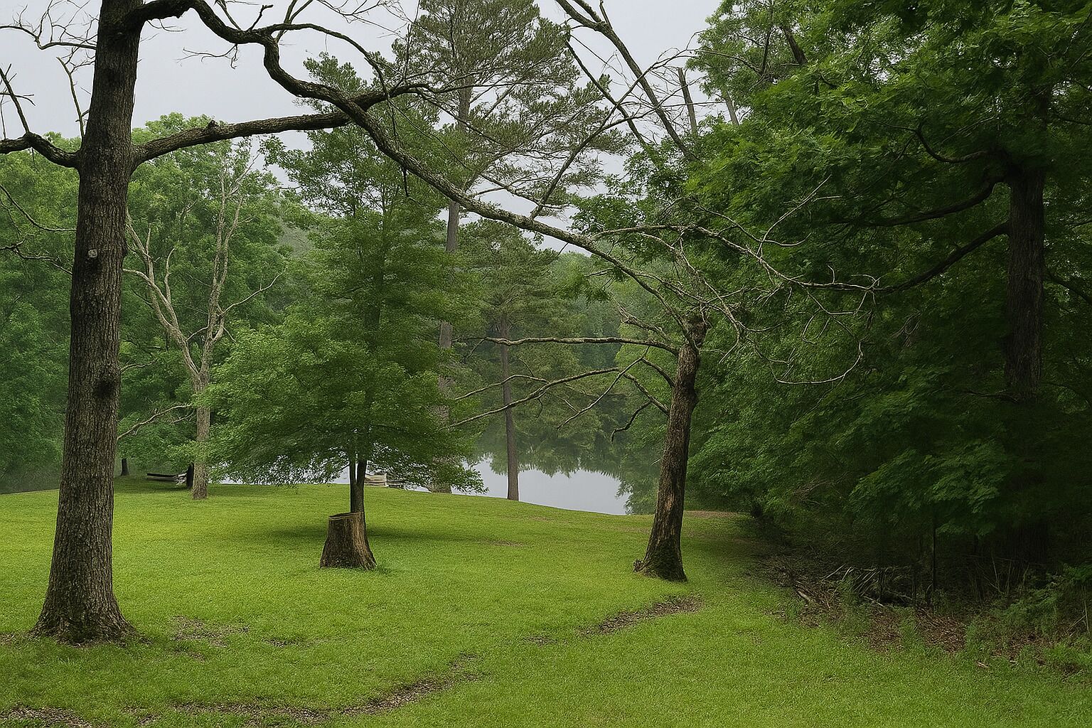 Un parc paisible avec un lac, entouré d’arbres et d’herbe verdoyants.