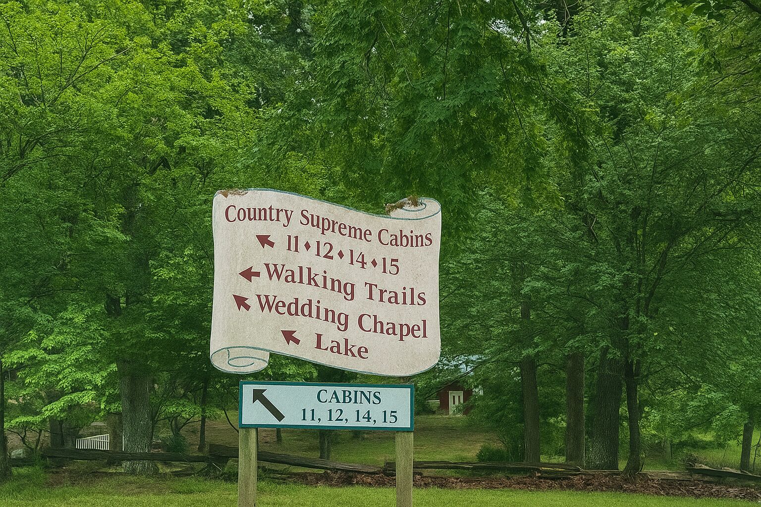 A directional sign for Country Supreme Cabins and other attractions.
