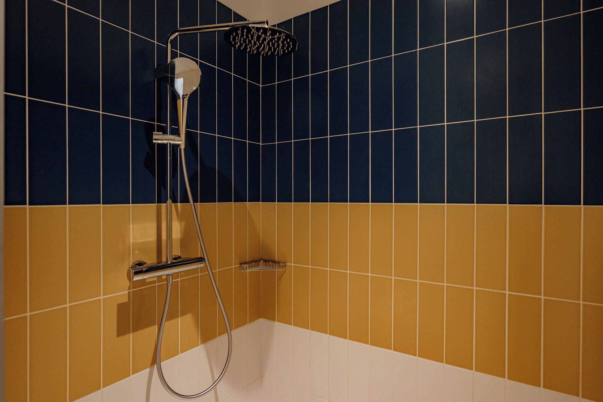 Une salle de bain avec une douche, des murs carrelés et une baignoire blanche.