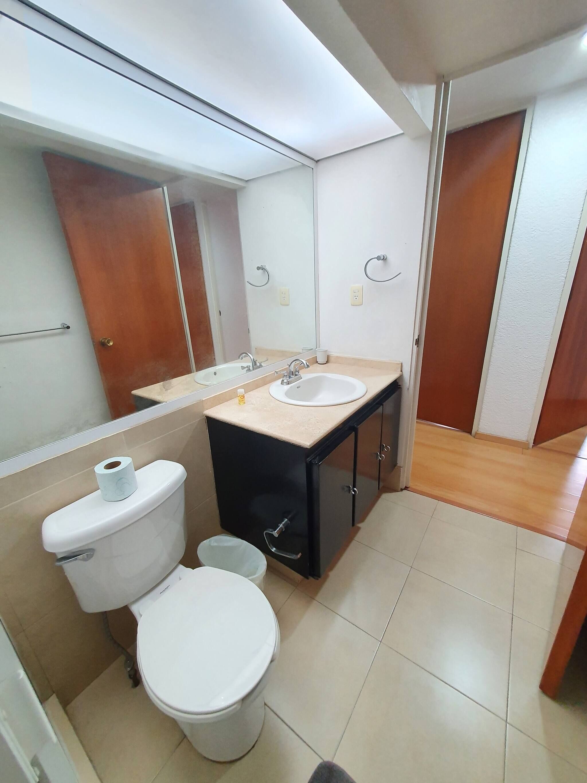 Une petite salle de bain avec des toilettes, un lavabo et un miroir.