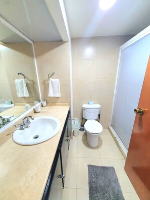 Une salle de bain avec un lavabo, des toilettes et un miroir.