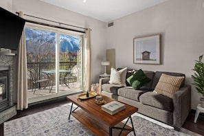 Smart TV, fireplace, books