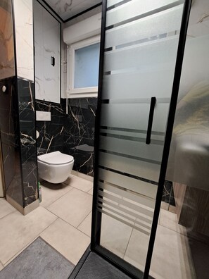 Hair dryer, towels, soap, toilet paper