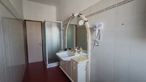 Shower, hair dryer, bidet, towels