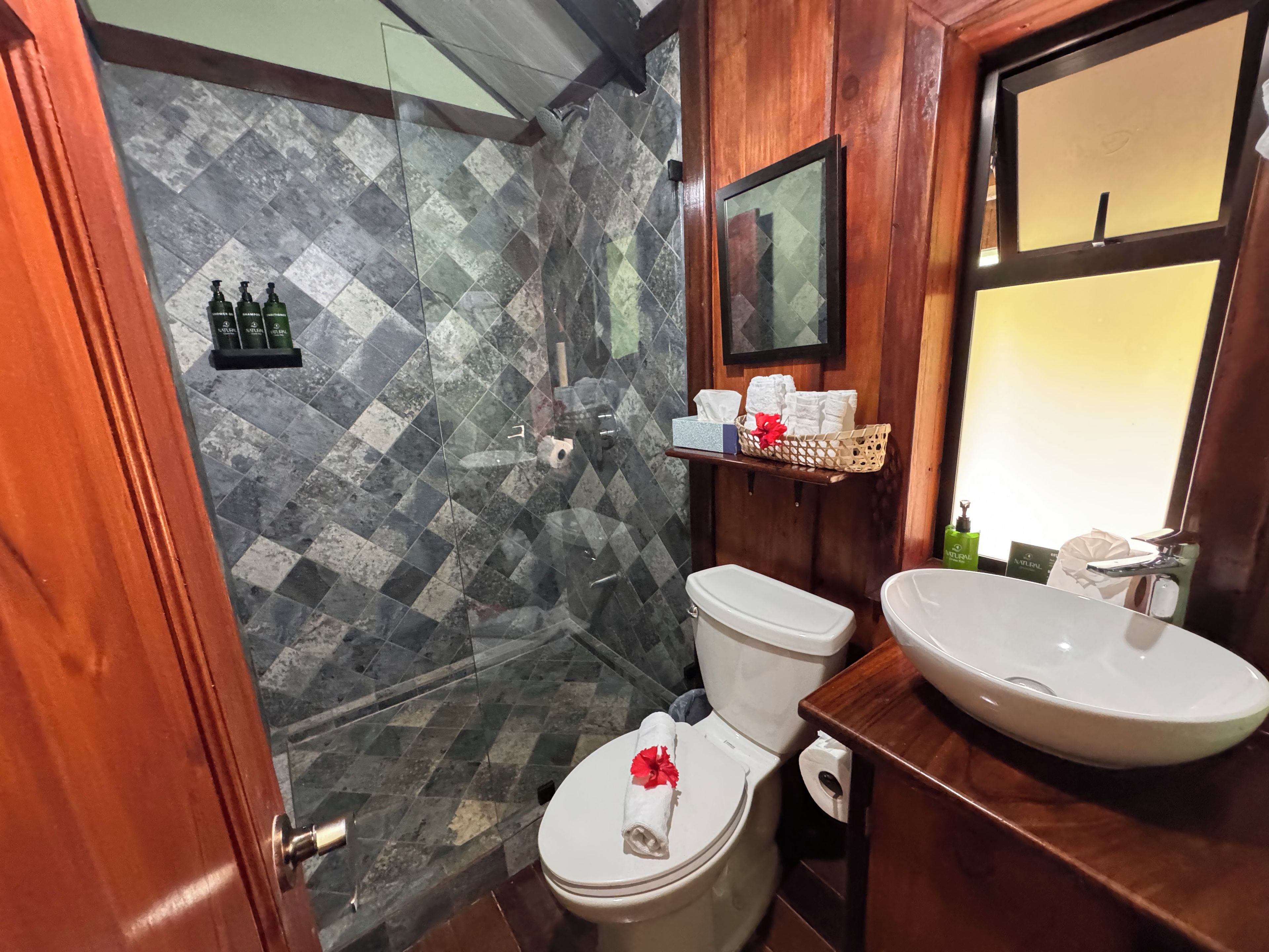 Een badkamer met douche, toilet en wastafel.