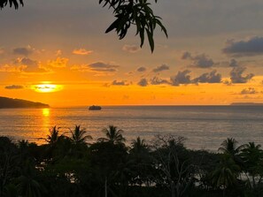 A sunset over a calm sea with a ship in the distance and palm trees in the foreground. - Natural Drake Bay Hotel Boutique (Drake Bay)