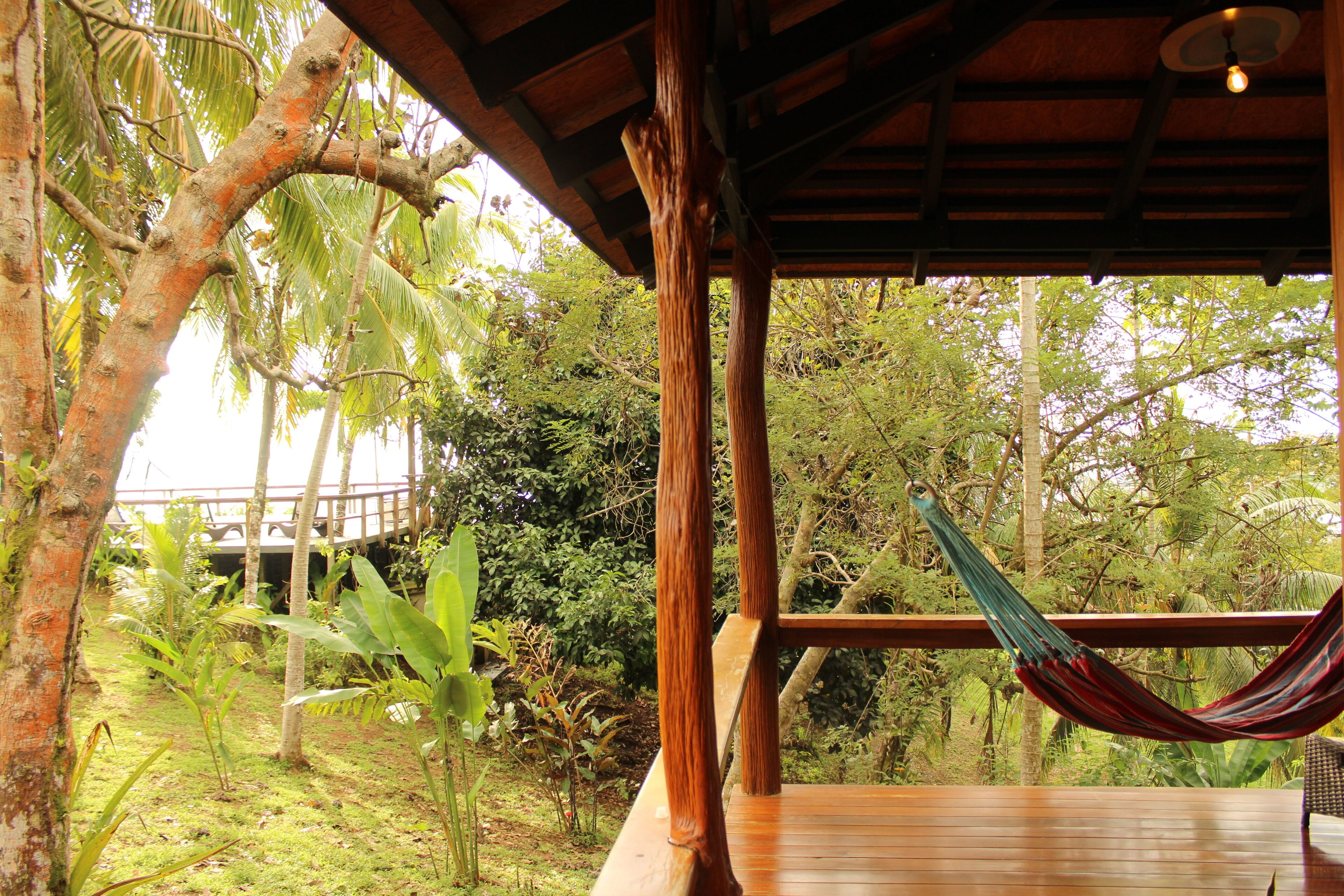 A wooden deck with a hammock, surrounded by lush greenery and a wooden structure overhead.