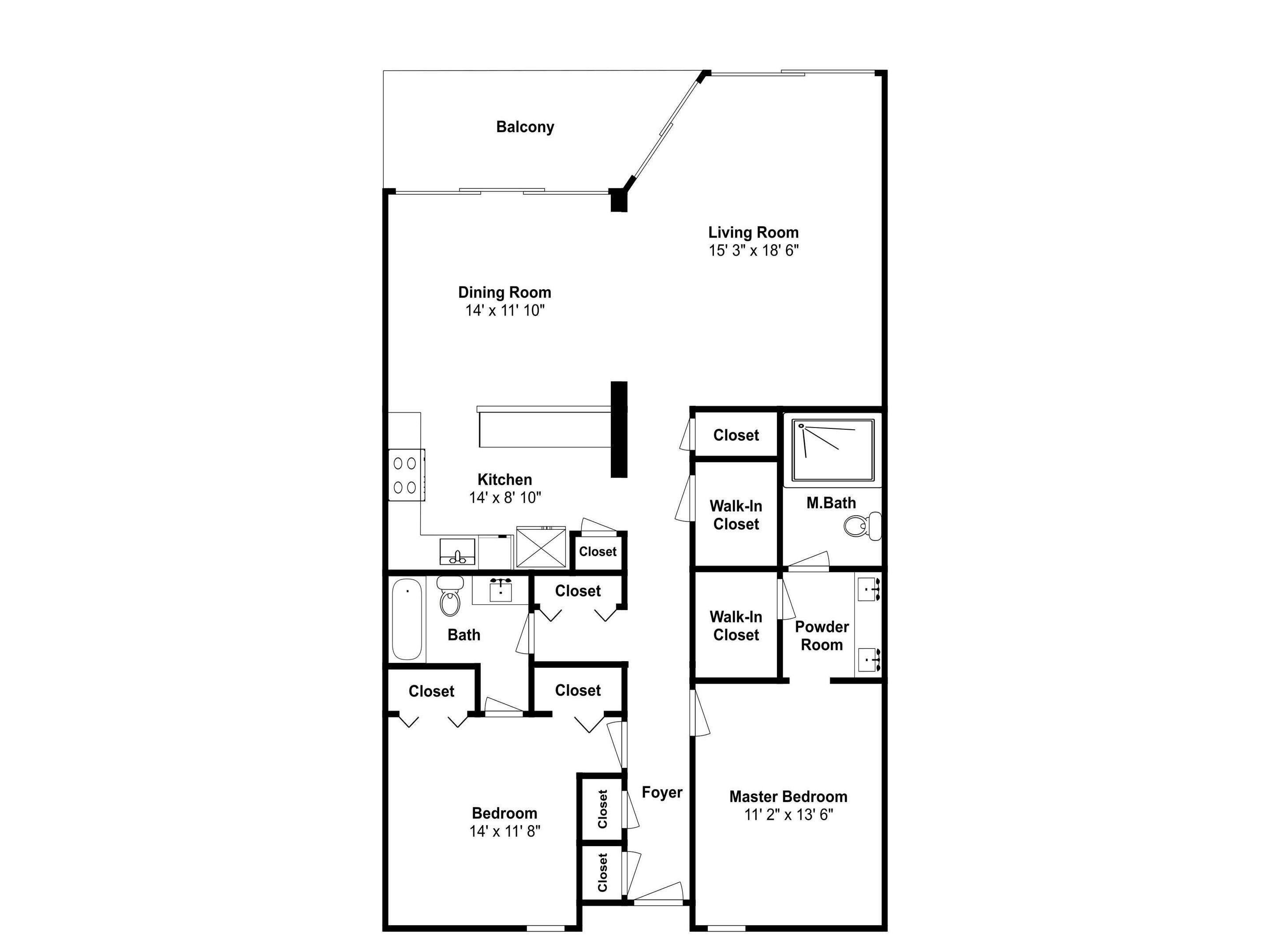 A floor plan of a hotel room with a balcony, living room, dining room, kitchen, bathroom, master bedroom, and two closets.