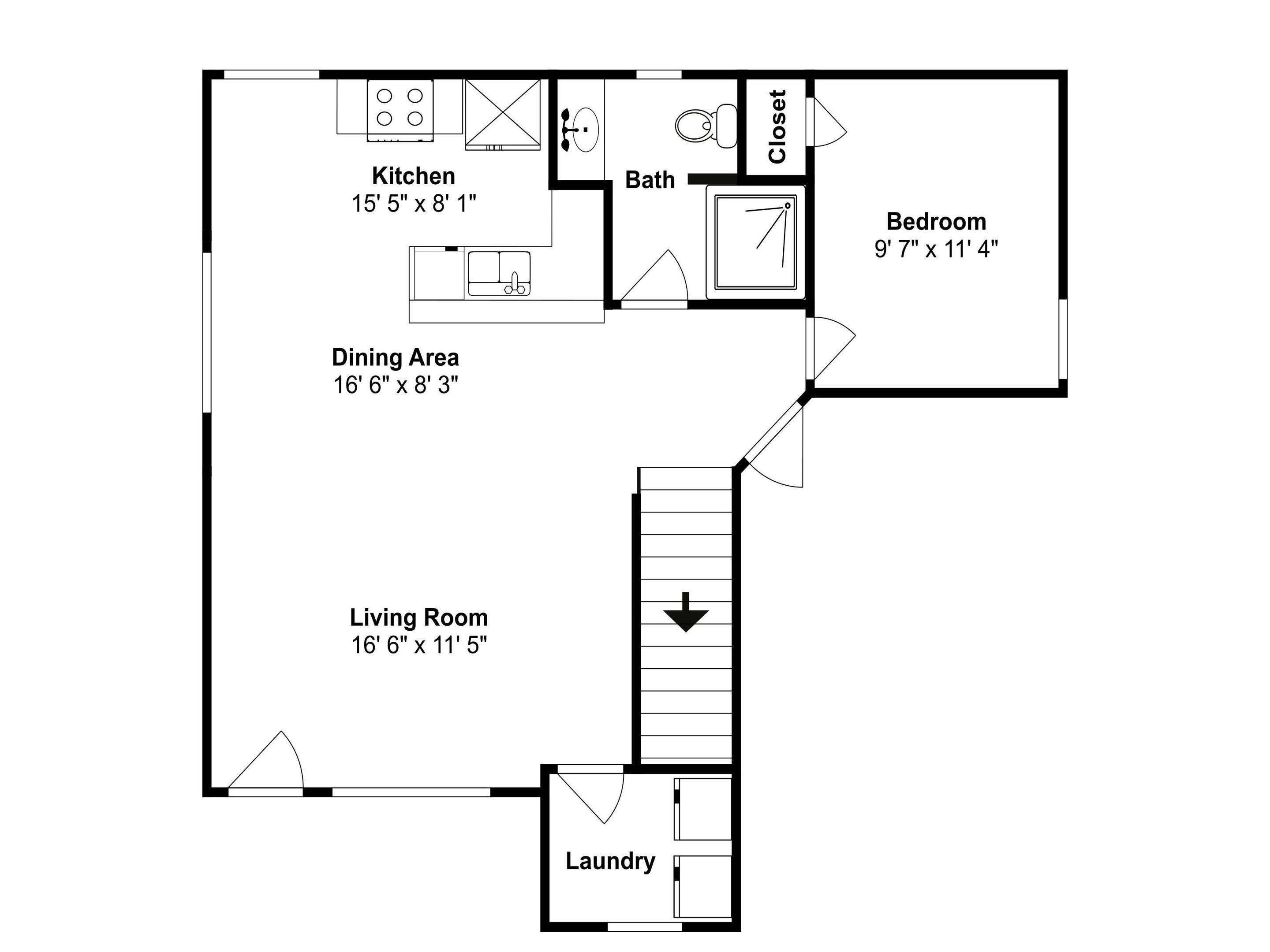 A floor plan with a kitchen measuring 15'5" x 8'1", a dining area of 16'6" x 8'3", a living room of 16'6" x 11'5", a bathroom, a bedroom of 9'7" x 11'4", and a laundry room.