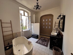 Regadera, secadora de cabello, bidet, toallas 