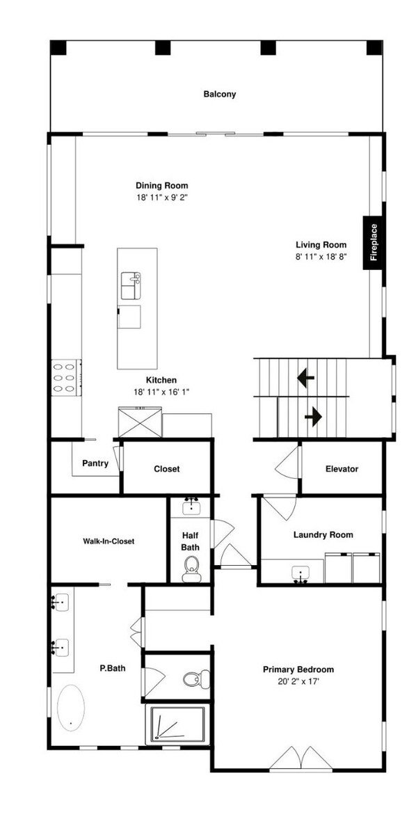 A floor plan with a balcony, dining room, kitchen, living room, and primary bedroom. - Viviana #8 by Southern Vacation Rentals (Pensacola)