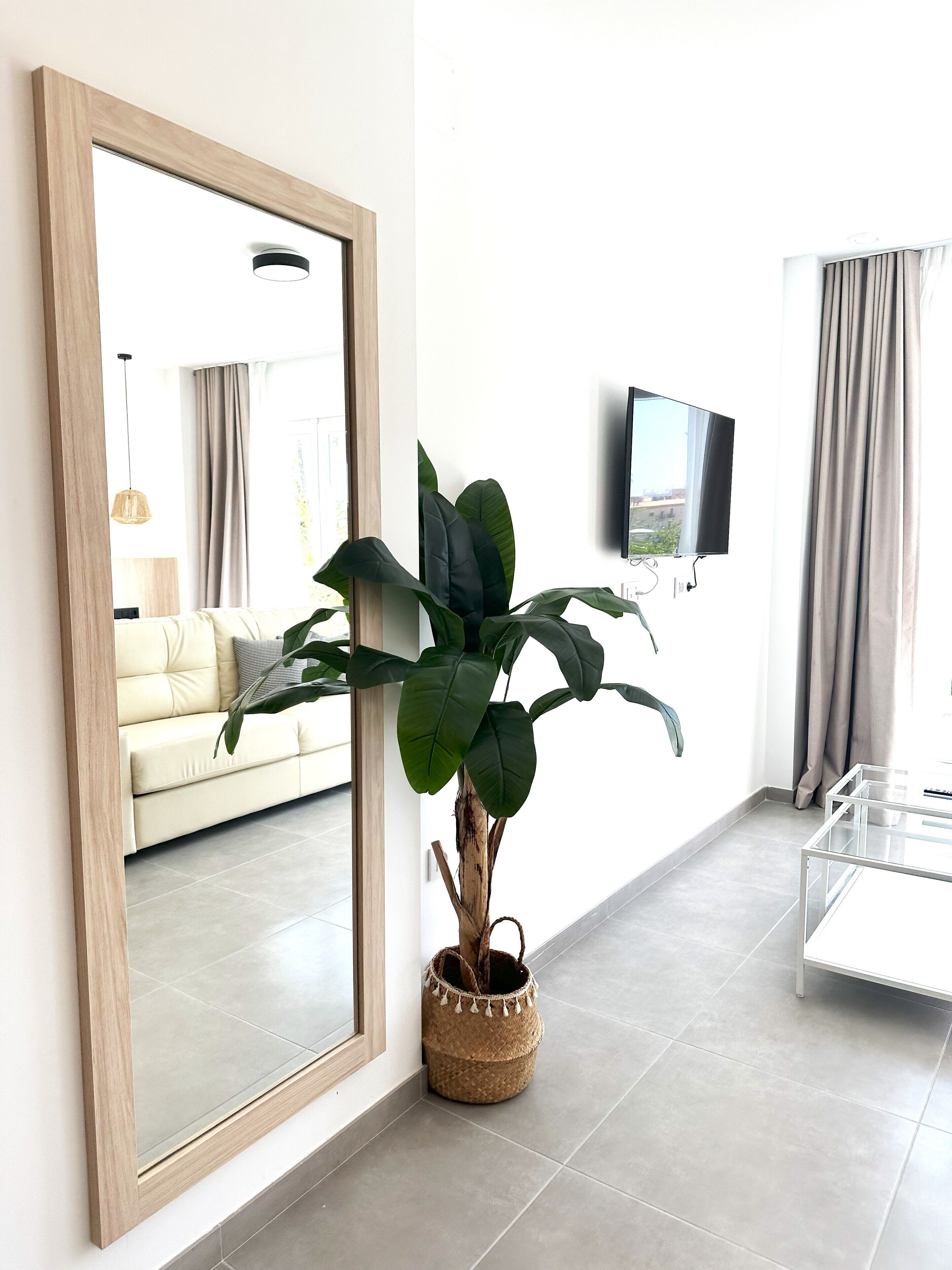 A modern living room with a large mirror, a potted plant, a flat-screen TV, and a glass coffee table.