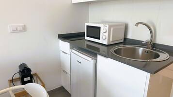 A compact kitchenette with a microwave, sink, and dishwasher.