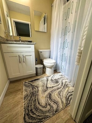 Shower, hair dryer, towels, toilet paper